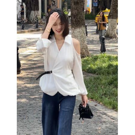FA40967# 不规则露肩白色衬衫女设计感小众秋季法式收腰上衣巨好看独特衬衣 服裝批發女裝批發服飾貨源