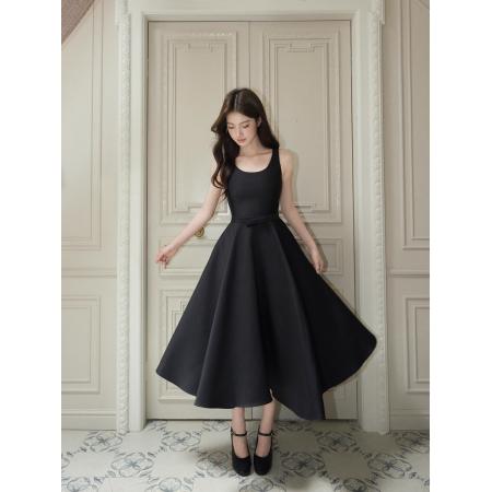 FA40968# 蝴蝶结U领赫本长裙法式收腰无袖连衣裙礼裙气质女 服裝批發女裝批發服飾貨源
