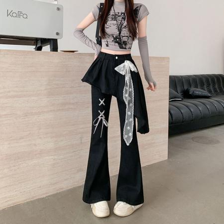 FA40984# 复古假两件蕾丝绑带微喇叭牛仔裤女秋季新款修身喇叭裤 服裝批發女裝批發服飾貨源