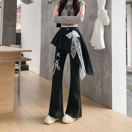 FA40984# 复古假两件蕾丝绑带微喇叭牛仔裤女秋季新款修身喇叭裤 服裝批發女裝批發服飾貨源