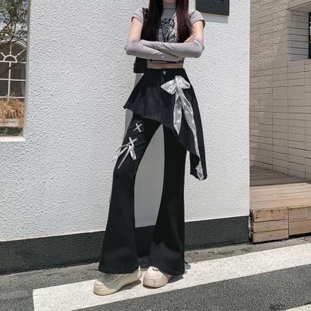 FA40984# 复古假两件蕾丝绑带微喇叭牛仔裤女秋季新款修身喇叭裤 服裝批發女裝批發服飾貨源
