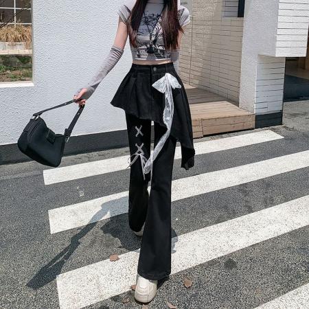 FA40984# 复古假两件蕾丝绑带微喇叭牛仔裤女秋季新款修身喇叭裤 服裝批發女裝批發服飾貨源