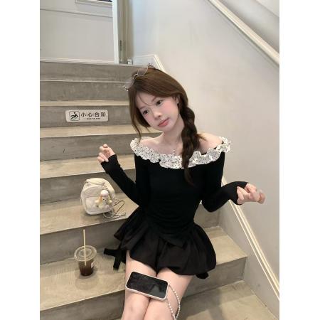 FA40986# 高级感花边波点一字肩长袖t恤女收腰不规则下摆显瘦上衣 服裝批發女裝批發服飾貨源