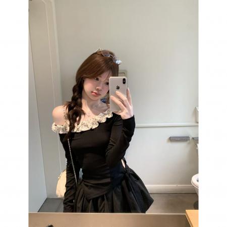 FA40986# 高级感花边波点一字肩长袖t恤女收腰不规则下摆显瘦上衣 服裝批發女裝批發服飾貨源