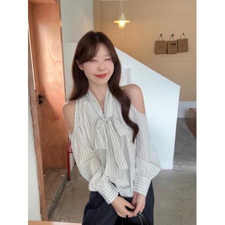 FA40987# 韩系条纹露肩衬衫女气质绑带长袖设计感休闲衬衣上衣 服裝批發女裝批發服飾貨源