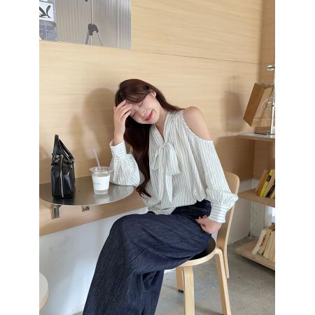 FA40987# 韩系条纹露肩衬衫女气质绑带长袖设计感休闲衬衣上衣 服裝批發女裝批發服飾貨源
