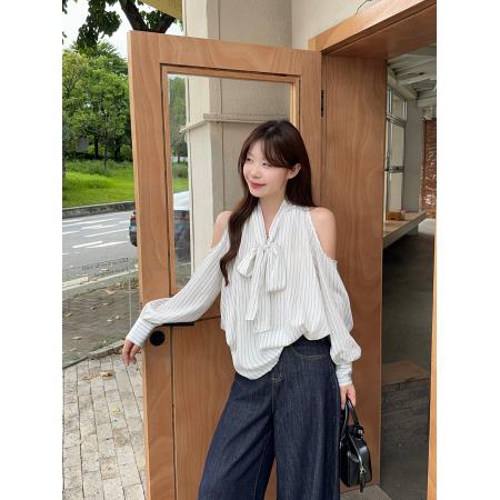 FA40987# 韩系条纹露肩衬衫女气质绑带长袖设计感休闲衬衣上衣 服裝批發女裝批發服飾貨源