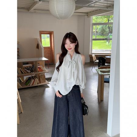 FA40987# 韩系条纹露肩衬衫女气质绑带长袖设计感休闲衬衣上衣 服裝批發女裝批發服飾貨源