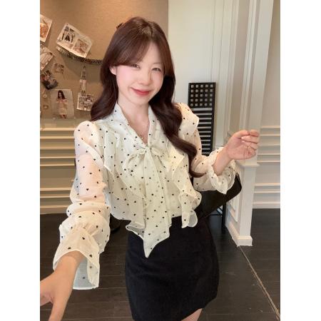 FA40988# 荷叶边波点长袖衬衫秋季新款宽松蝴蝶结上衣 服裝批發女裝批發服飾貨源
