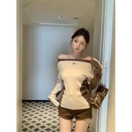 FA40990# 秋季纯欲韩版甜美辣妹撞色拼接字母刺绣长袖针织衫打底 服裝批發女裝批發服飾貨源
