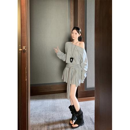 FA40991# 时尚套装女秋辣妹斜肩露肩长袖T恤+系带收腰半身裙短裙 服裝批發女裝批發服飾貨源