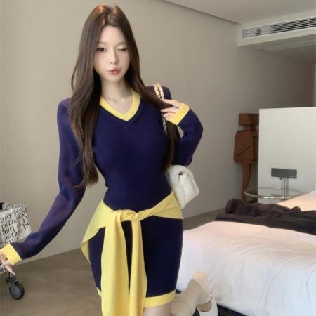 FA40993# 法式气质撞色披肩连衣裙两件收腰显瘦包臀裙 服裝批發女裝批發服飾貨源