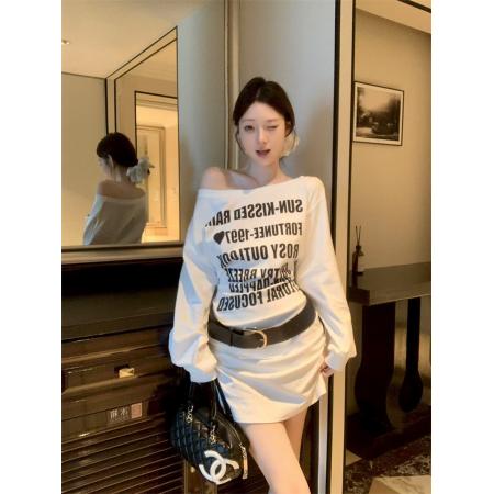 FA40995# 秋季新款韩版时尚韩系露肩字母印花连衣裙女配腰带 服裝批發女裝批發服飾貨源
