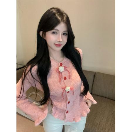 FA41000# 韩系甜美风软糯爱心扣木耳边长袖打底针织衫女 服裝批發女裝批發服飾貨源
