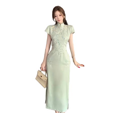FA41001# 新中式国风刺绣气质改良旗袍连衣裙订婚礼服早秋修身包臀长裙 服裝批發女裝批發服飾貨源