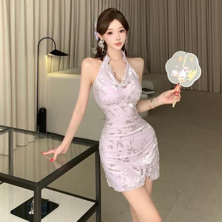 FA41002# 纯欲风挂脖性感包臀连衣裙早秋新款国风改良新中式旗袍短裙子 服裝批發女裝批發服飾貨源