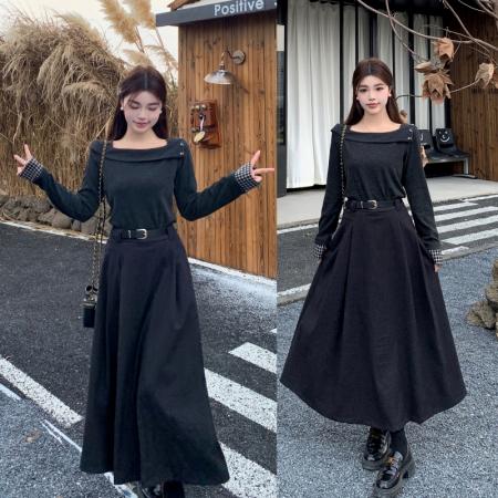 FA41003# 新款大码女装秋装深灰纯棉上衣半身裙套装送腰带 服裝批發女裝批發服飾貨源