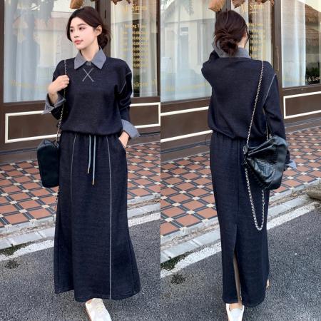 FA41004# 新款大码女装秋装衬衫领假两件卫衣半身裙套装 服裝批發女裝批發服飾貨源