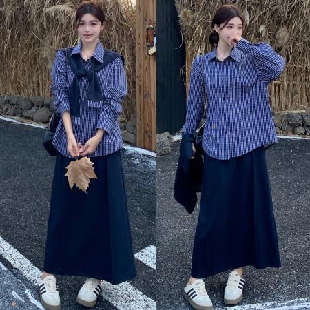 FA41005# 新款大码女装秋装蓝格子衬衣披肩纯棉半身裙套装 服裝批發女裝批發服飾貨源