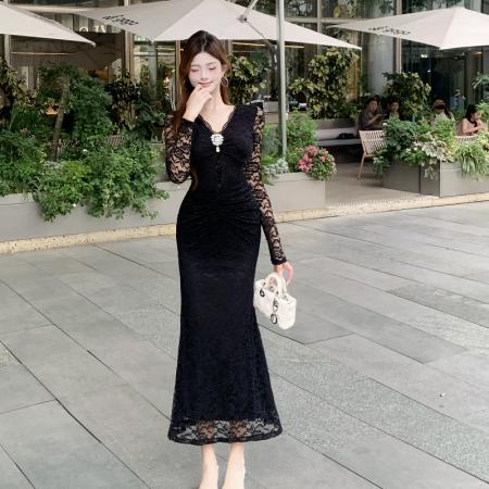 FA41006# 蕾丝连衣裙新款黑色V领修身显瘦包臀鱼尾裙年会长裙 服裝批發女裝批發服飾貨源