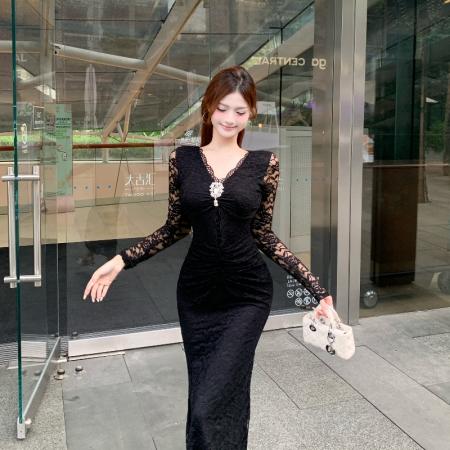 FA41006# 蕾丝连衣裙新款黑色V领修身显瘦包臀鱼尾裙年会长裙 服裝批發女裝批發服飾貨源