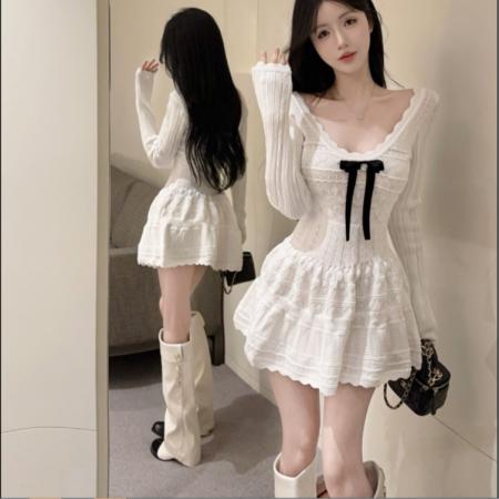 FA41011# 千金长袖连衣裙女秋季新款生日裙收腰针织裙 服裝批發女裝批發服飾貨源