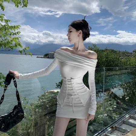 FA41017# 辣妹设计感一字领束腰修身显瘦包臀连衣裙短款 服裝批發女裝批發服飾貨源