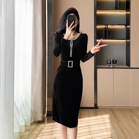 FA41021# 法式气质赫本风轻奢礼服钉珠金丝绒长袖连衣裙 服裝批發女裝批發服飾貨源