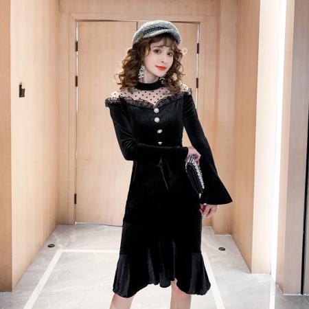 FA41022# 名媛礼服裙子女拼接网纱法式包臀鱼尾裙小香风连衣裙 服裝批發女裝批發服飾貨源