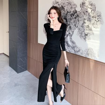 FA41023# 秋季新款性感开叉褶皱连衣裙气质修身显瘦长裙 服裝批發女裝批發服飾貨源