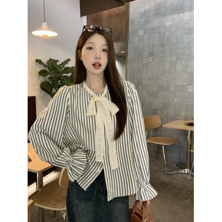 FA41027# ～大码女装秋季新款韩系设计感衬衫条纹蝴蝶结系带上衣 服裝批發女裝批發服飾貨源