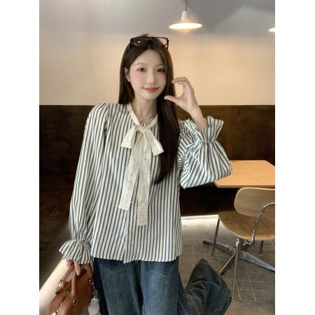FA41027# ～大码女装秋季新款韩系设计感衬衫条纹蝴蝶结系带上衣 服裝批發女裝批發服飾貨源