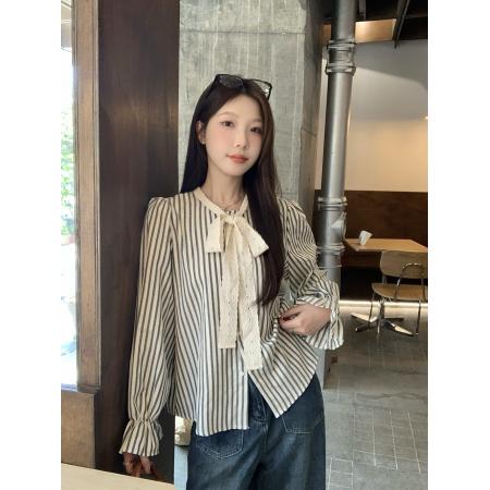 FA41027# ～大码女装秋季新款韩系设计感衬衫条纹蝴蝶结系带上衣 服裝批發女裝批發服飾貨源