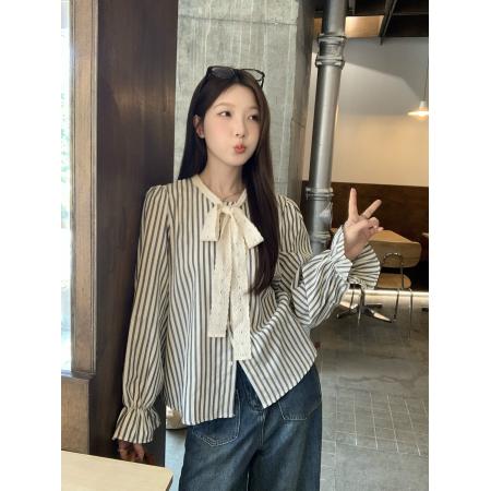 FA41027# ～大码女装秋季新款韩系设计感衬衫条纹蝴蝶结系带上衣 服裝批發女裝批發服飾貨源