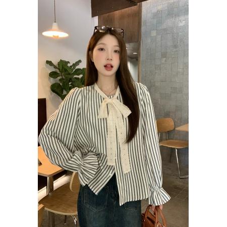 FA41027# ～大码女装秋季新款韩系设计感衬衫条纹蝴蝶结系带上衣 服裝批發女裝批發服飾貨源