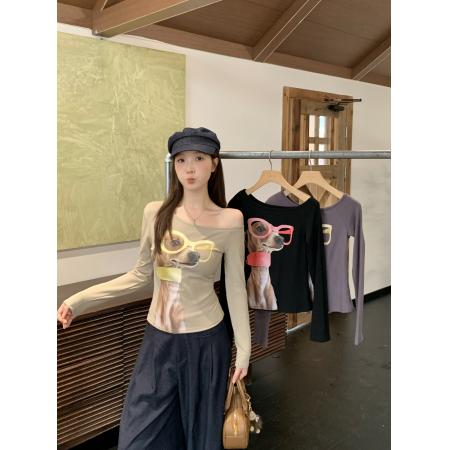 FA41030# 大码胖MM美式复古小狗印花斜领露肩长袖T恤女修身显瘦上衣 服裝批發女裝批發服飾貨源
