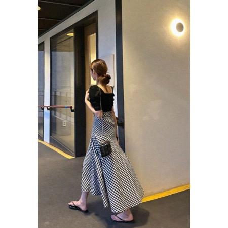 FA41048# 韩国东大门新款女优雅深开叉格子大摆半身裙 服裝批發女裝批發服飾貨源