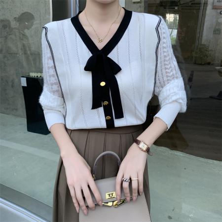 FA41050# 小香风撞色V领针织衫女春款蝴蝶结系带套头拼接上衣 服裝批發女裝批發服飾貨源