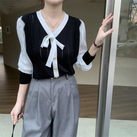 FA41050# 小香风撞色V领针织衫女春款蝴蝶结系带套头拼接上衣 服裝批發女裝批發服飾貨源