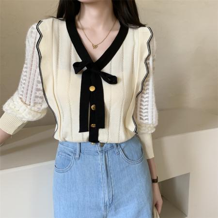 FA41050# 小香风撞色V领针织衫女春款蝴蝶结系带套头拼接上衣 服裝批發女裝批發服飾貨源