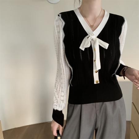 FA41050# 小香风撞色V领针织衫女春款蝴蝶结系带套头拼接上衣 服裝批發女裝批發服飾貨源