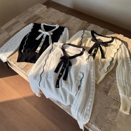 FA41050# 小香风撞色V领针织衫女春款蝴蝶结系带套头拼接上衣 服裝批發女裝批發服飾貨源