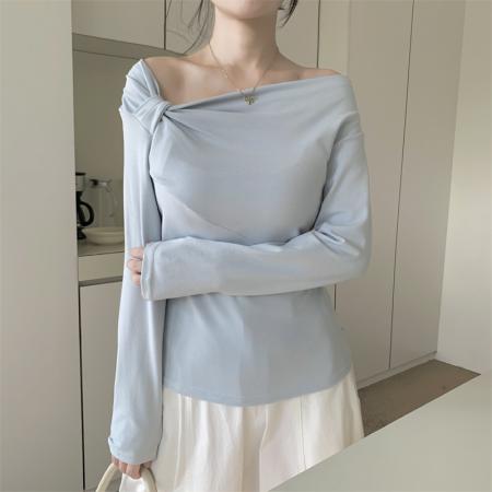 FA41053# 韩系温柔风长袖T恤女秋季小心机不规则扭褶显瘦上衣 服裝批發女裝批發服飾貨源
