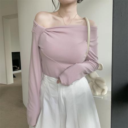 FA41053# 韩系温柔风长袖T恤女秋季小心机不规则扭褶显瘦上衣 服裝批發女裝批發服飾貨源