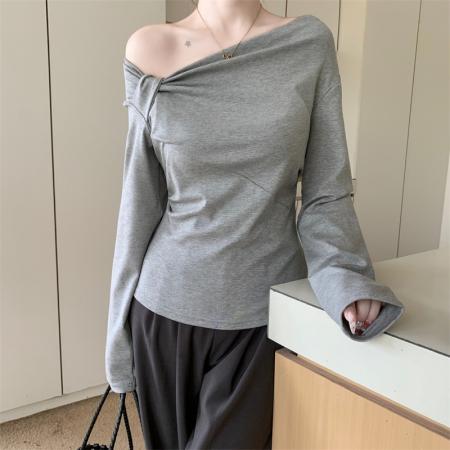 FA41053# 韩系温柔风长袖T恤女秋季小心机不规则扭褶显瘦上衣 服裝批發女裝批發服飾貨源