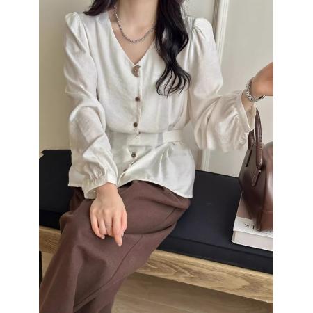 FA41055# 秋新款纯色简约早秋上新月亮扣腰间系绳V领小衫 服裝批發女裝批發服飾貨源