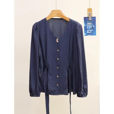 FA41055# 秋新款纯色简约早秋上新月亮扣腰间系绳V领小衫 服裝批發女裝批發服飾貨源