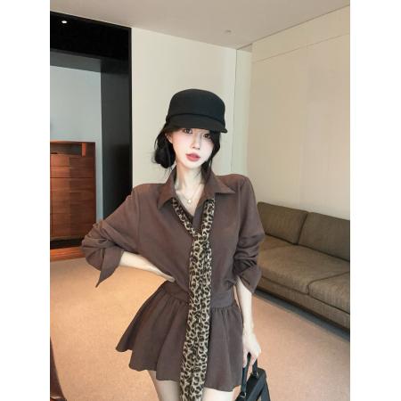FA41057# 法式气质收腰豹纹系带衬衫裙 服裝批發女裝批發服飾貨源
