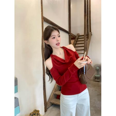 FA41063# 条纹挂脖荡领针织衫t恤早秋辣妹修身设计感绝美长袖上衣 服裝批發女裝批發服飾貨源