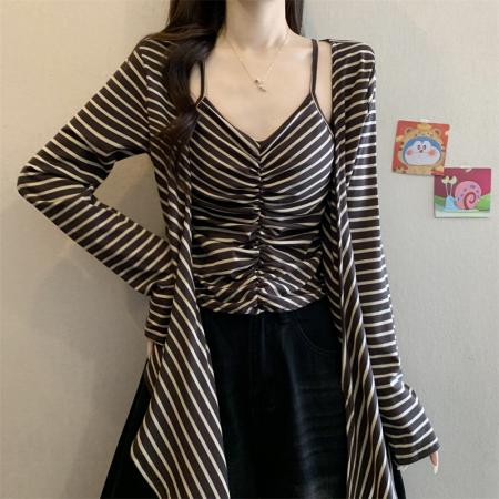 FA41068# 秋季法式复古纯欲撞色条纹假两件修身显瘦长袖T恤上衣 服裝批發女裝批發服飾貨源